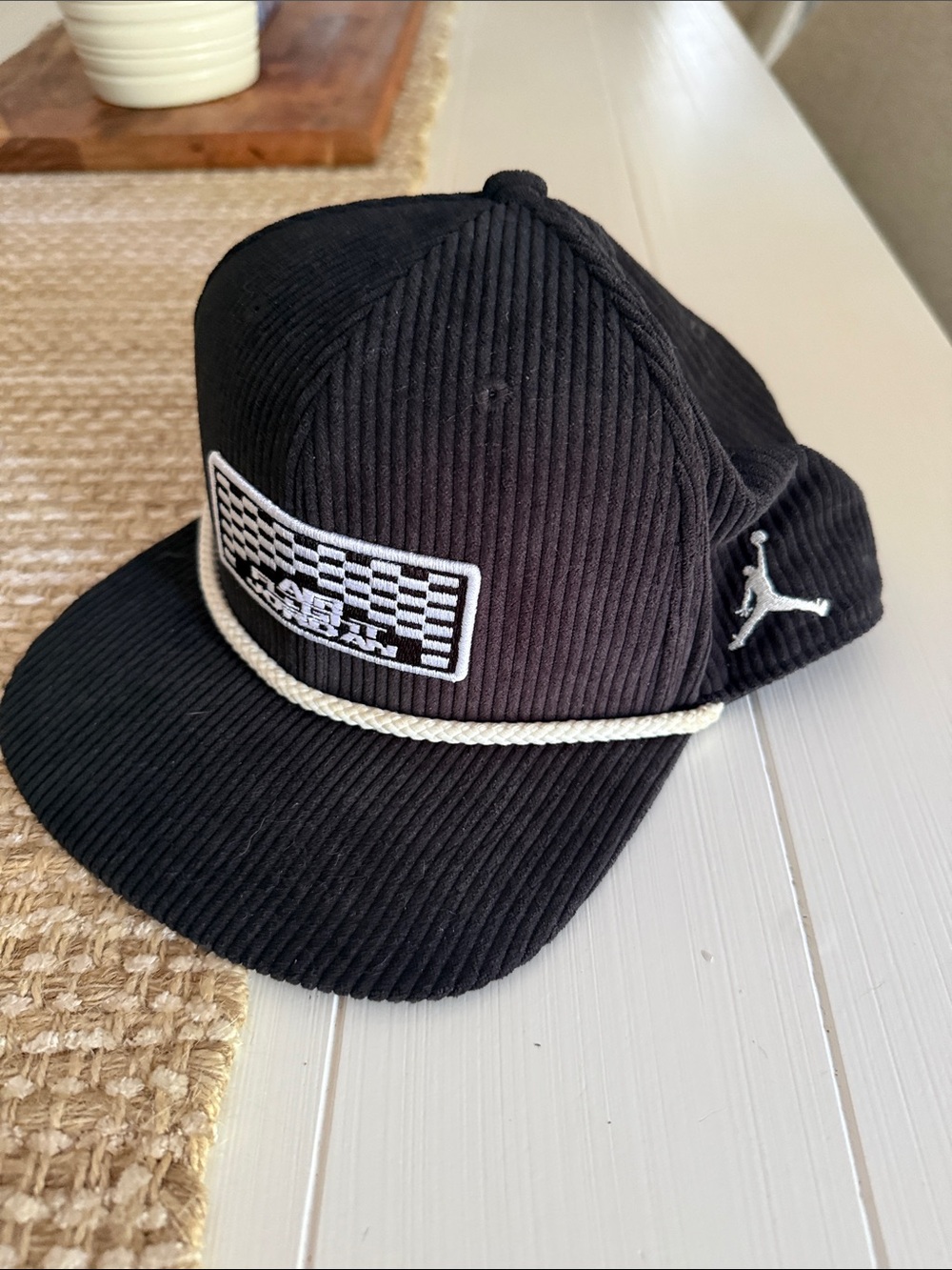 Jordan Black Corduroy Cap with White Rope Trim